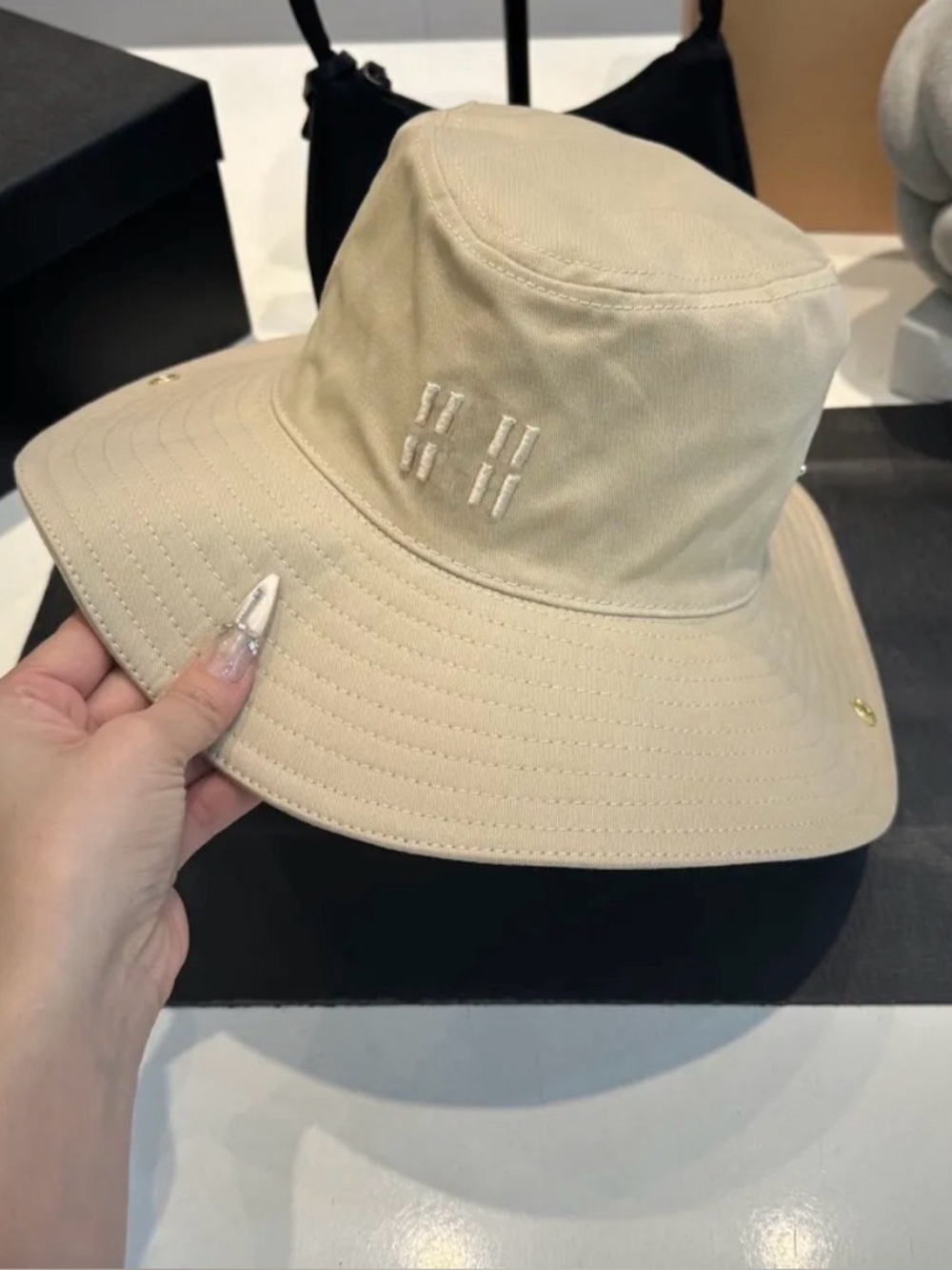 Beige Embroidered Wide-Brim Bucket Hat
